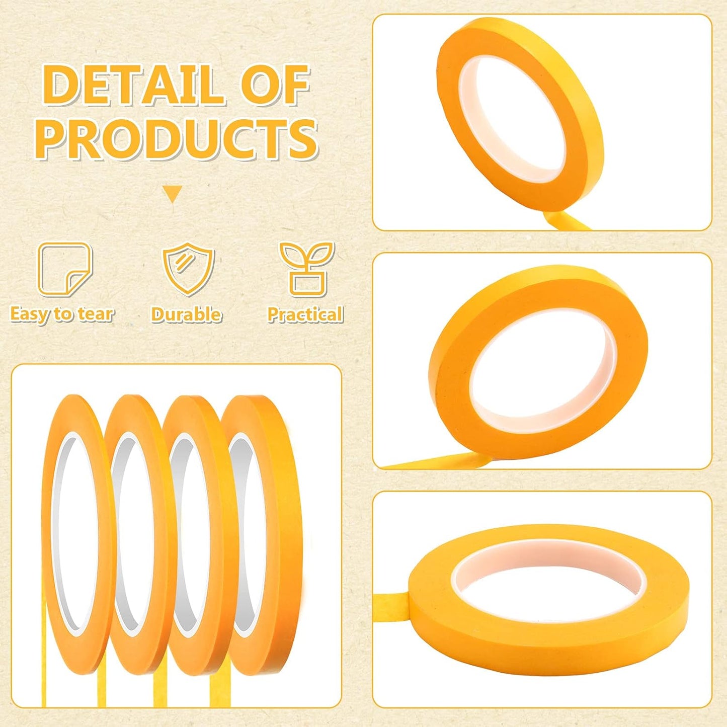 Epakh 4 Rolls Pinstripe Tape, Masking Tape in 1/16, 1/8, 1/4 and 1/2 Inch Wide, for Painters Automotive DIY Car Auto Paint Art(Yellow,52 yd)