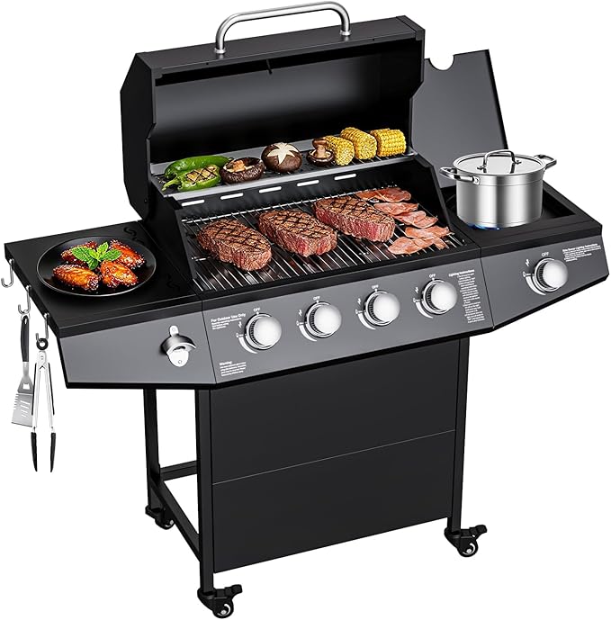 4-Burner Propane Gas Grill with Side Burner, 50,000 BTU Gas BBQ Grill with Stainless Steel Grates,Easy-Clean Grease, Side Tablesfor Patio, Camping, Backyard