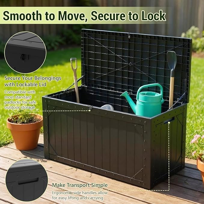 100 Gallon Resin Deck Box, Waterproof Outdoor Storage Box for Patio Furniture, Garden Tools, and Pool Accessories, Lockable UV-Resistant Storage Bin Bench Cabinet for Outside, Black