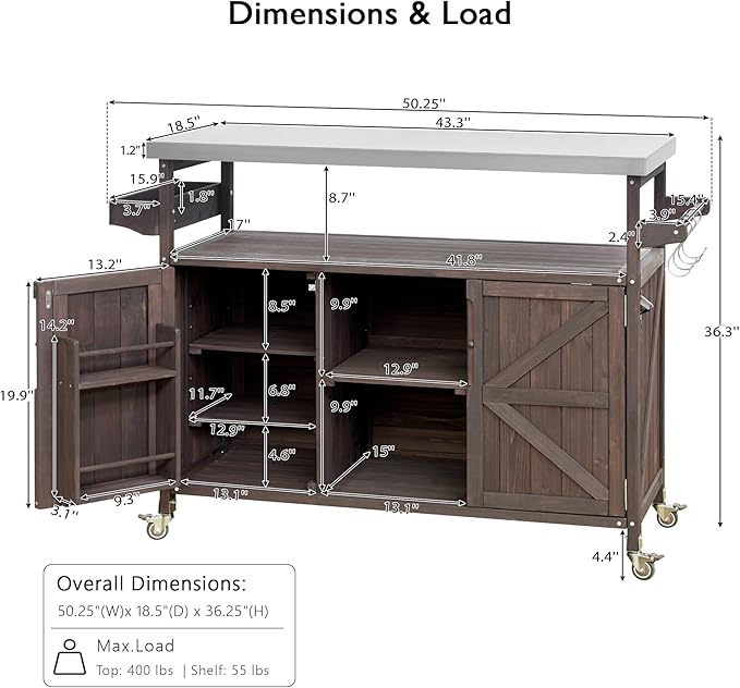 Rolling Cart ，Storage Cabinet, Grill Table ，Artificial Board，with Stainless Steel Top, Internal Storage Racks，Spice Rack, Towel Rack ， Kitchen ，Barbecue, Outdoor