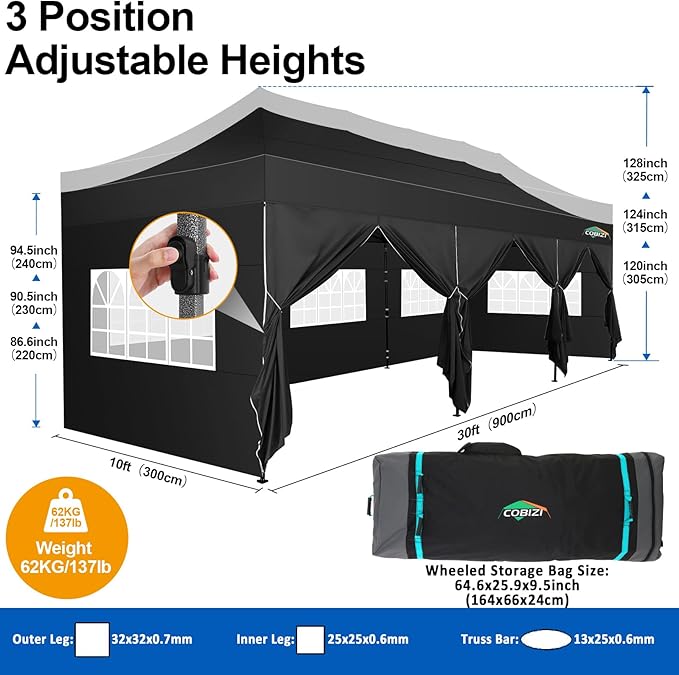 COBIZI 10x30 Pop up Canopy Tent 10x30 Canopy with 8 Sidewalls Waterproof Heavy Duty Commercial Tent for Parties Outdoor Garden Gazebo, Carry Bag with Wheel(10x30ft, Black)