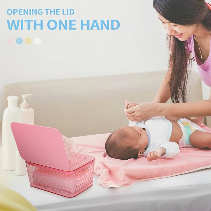 Wipes Dispenser, One-Handed Operation Wipe Holder for Baby & Adult, Seal-Designed Wipes Container for Bathroom Keep Diaper Wipes Fresh (2 Pack Pink)