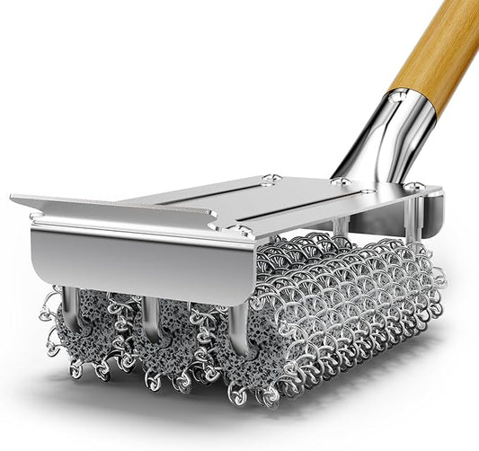 HOUSE AGAIN Grill Brush Bristle Free, 304 Stainless Steel Food-Grade Brush Head with Scraper, Safe BBQ Outdoor Grill Cleaning Brush Strong Barbecue Brush Cleaner Non Wire for Grill Grate/Wooden Handle