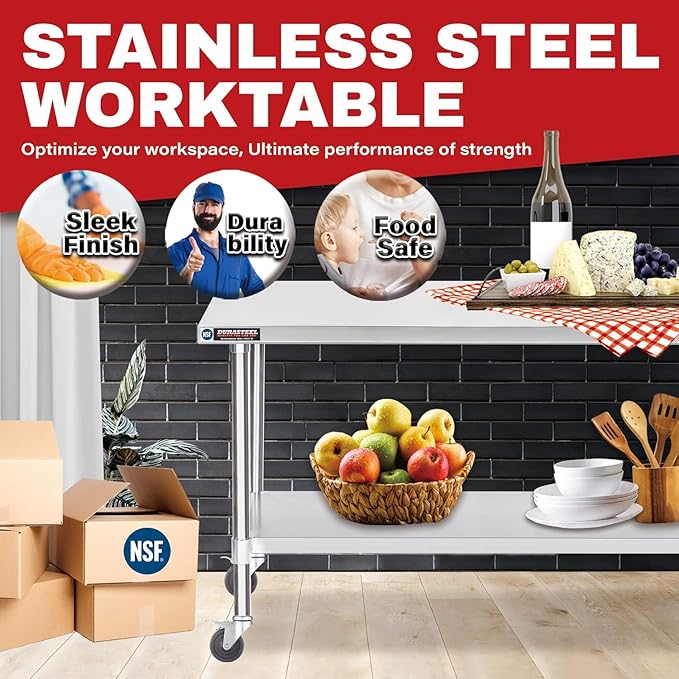 DuraSteel 24x48 NSF Stainless Steel Cart Work Table - Heavy Duty Rolling Food Prep Table Countertop Island - Metal Utility Cart on Wheels Caster, Grill Stand Storage Outdoor Kitchen Tables Bar Top