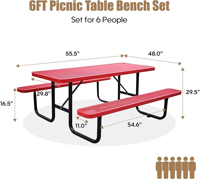 6FT Rectangular Metal Picnic Table for Outdoors, Commercial Steel Metal Picnic Tables, Heavy Duty Sturdy Picnic Tables Furniture Set for Patio Garden Courtyard BBQ, with Umbrella Hole, Red