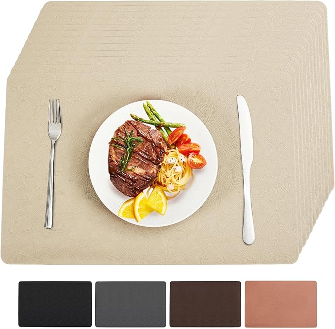 Vinyl Placemats Set of 12 Heat Resistant Easy Clean Non-Slip Place Mats for Dining Table. Faux Leather Waterproof Stain Resistant Wipeable Washable PU Table Mats(12, Beige)