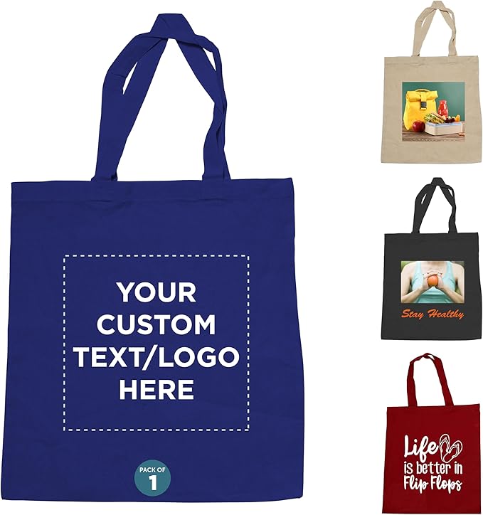 DISCOUNT PROMOS Custom Cotton Canvas Tote Bags Set of 1, Personalized Text, Logo, Picture - Reusable, Great for Shopping, Grocery, Beach, Picnic, Wedding Favors - Royal Blue