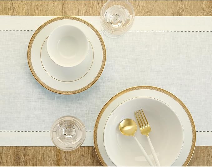 Solino Home Linen Ivory Table Runner 72 Inches Long - 100% Pure Linen Hemstitch Table Runner 14 x 72 Inch for Dresser, Dining, Spring, Easter - Classic Hemstitch