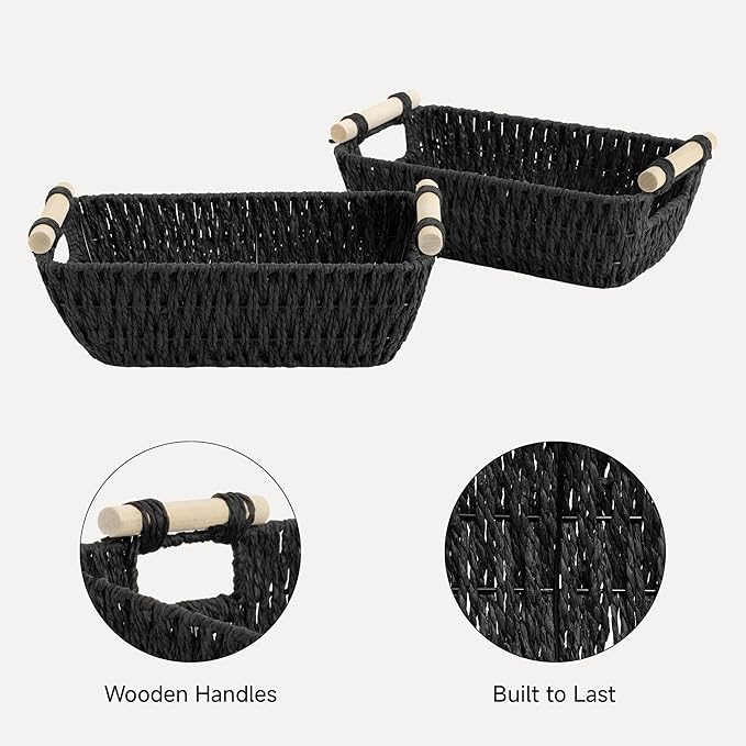 StorageWorks Black Wicker Storage Basket for Organizing with Wooden Handles, Small Woven Basket for Shelf, Toilet Paper, 2-Pack