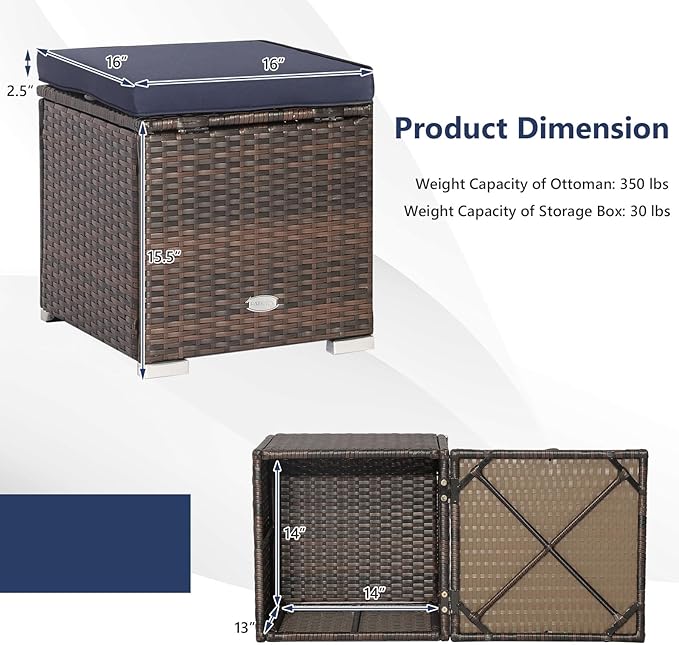 Tangkula 2 Pieces Patio Ottomans, Patiojoy Hand-Woven PE Rattan Side Table with Removable Cushion & Hidden Storage Space, Multifunctional Storage Box, Seat for Patio, Backyard, Poolside (Navy)