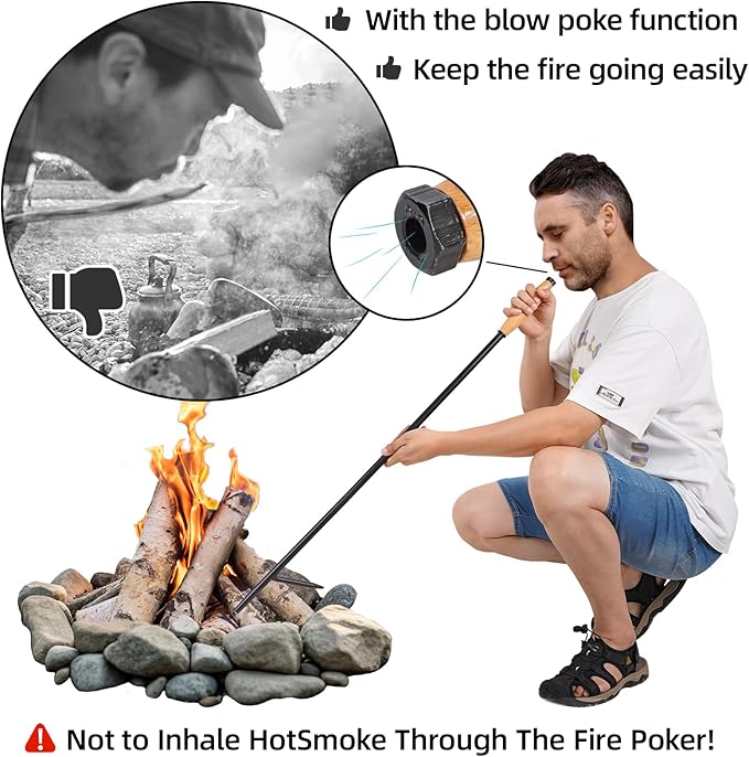 Fire Poker for Fire Pit Outdoor, 38 Inch Extra Long Iron Campfire Poker, 3 Part Assembled Fireplace Poker with Blower Poke and Wooden Handle for Indoor Wood Stove, Outdoor Camping, Bonfires