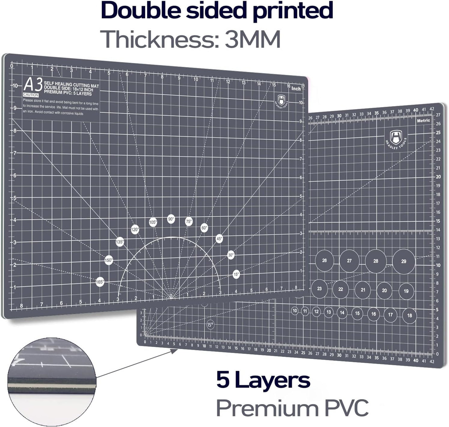 Headley Tools 18"x12" Thickened Self Healing Cutting Mat, A3 Rotary Cutting Sewing Mat for Crafts, Double Sided 5-Ply Table Cutting Board for Fabric Quilting Leather Arts Hobby Project, Grey