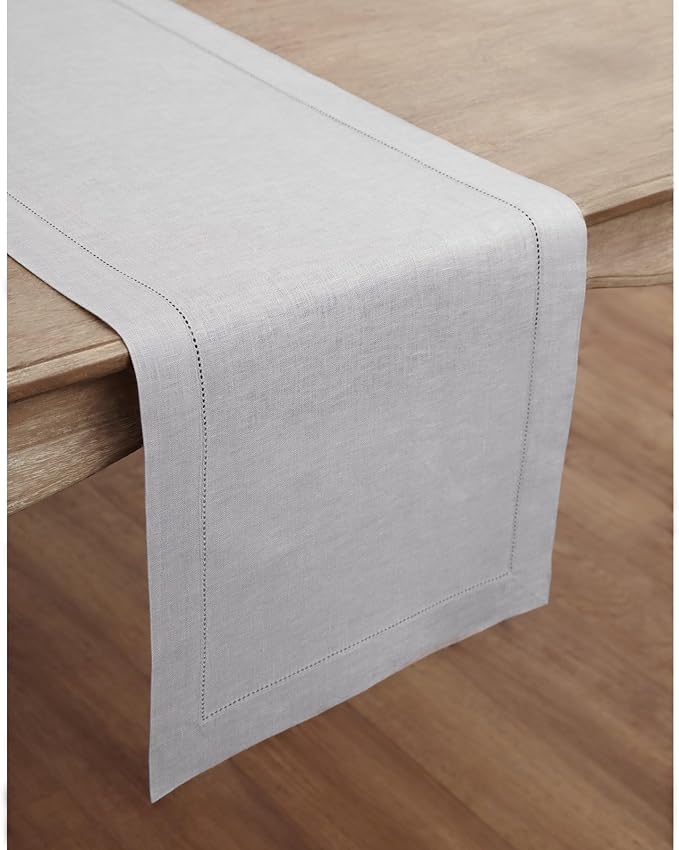 Solino Home Linen Soft Grey Table Runner 120 Inches Long - 100% Pure Linen Hemstitch 14 x 120 Inch Table Runner for Dining, Spring, Easter - Classic Hemstitch