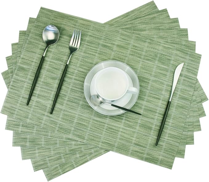 Woven Placemats Set of 6 Vinyl Heat-Resistant Table Mats Washable Kitchen Placemats for Dining Room (Grass Green)