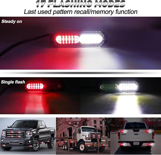 ASPL 8pcs Sync Feature Ultra Slim 12-LED Surface Mount Flashing Strobe Lights for Truck Car Vehicle LED Mini Grille Light Head Emergency Beacon Hazard Warning Lights (Red/White)