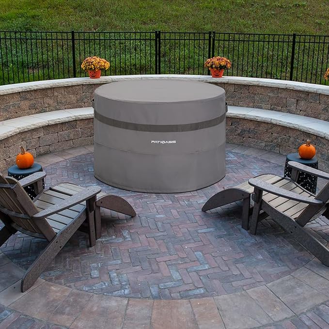 Grey Round Firepit Table Cover 32''Dia Waterproof Outoor Patio Gas Fire Bowl Cover 600D All Weather Resistant Fire Pit Covers Round