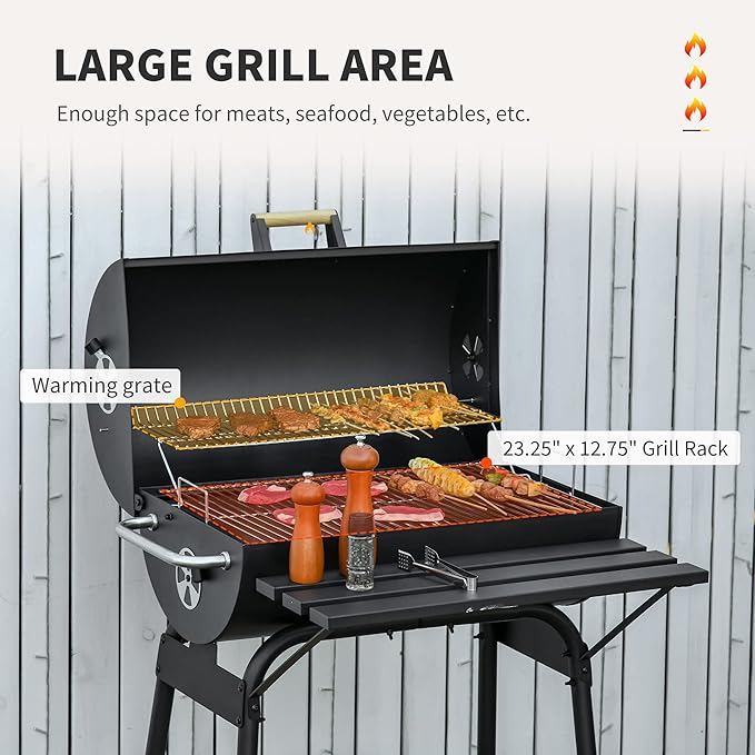 30 Inch Portable Barrel Charcoal Grill with Offset Smoker, Steel Outdoor BBQ Grill with Storage Shelves and Wheels, Charcoal Smoker Grill for Backyard, Camping & Picnic