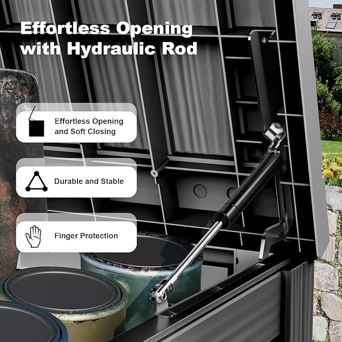 180 Gallon Waterproof Outdoor Storage Box, UV Resistant Resin Deck Box with Hydraulic Rod for Reinforced Stability, Perfect for Patio, Garden, and Pool（Black，180 Gallon）