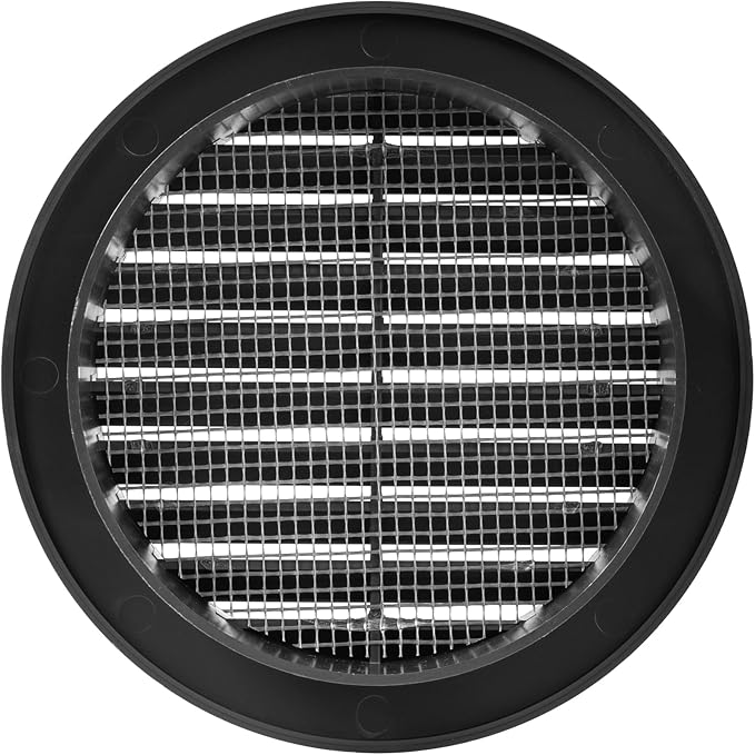 Black 4" Inch Round Ventilation Grille with Insect mesh. (Duct 4Ø / Grille 5Ø) Ventilation Applications. Indoor and Outdoor Vent Cover. Available 3 Sizes / 4 Colors.