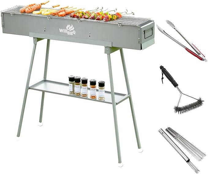 WILLBBQ Charcoal Grills Commercial Quality Portable Multiple Size Hibachi BBQ Lamb Skewer Folded Camping Barbecue Grill(39.4x7.1x5.1 inch With Accessories) - The Perfect Gifts for Grill Lovers