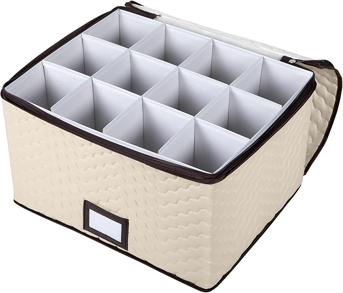 Wine Glass Storage Box with Dividers - Holds 12 Glasses up to 3.75" Wide - Stemware Storage Case - Protects Fine China - Durable Quilted Microfiber Bin with Carry Handles - Ideal for White Wine