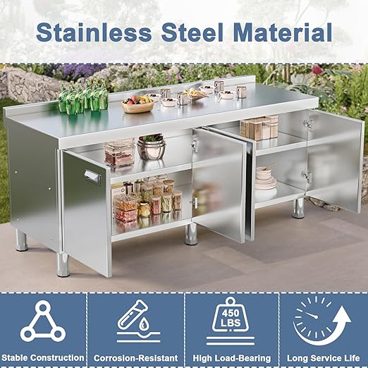 KINGBO 66.9" Stainless Steel Table Cabinet Heavy Duty Prep Table with 304 Stainless Steel Worktop Commercial Worktable Workbench with Storage Cabinet for Kitchen Garage Restaurant Outdoor