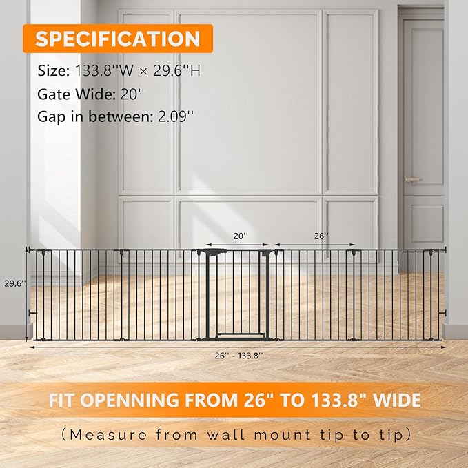 Bonnlo 120 Inches Wide Configurable Baby Gate, Fireplace Safety Fence/Guard, Adjustable 5-Panel Metal Play Yard for Toddler/Pet/Dog, Christmas Tree Fence, Includes 4 Pack of Wall Mounts, Black