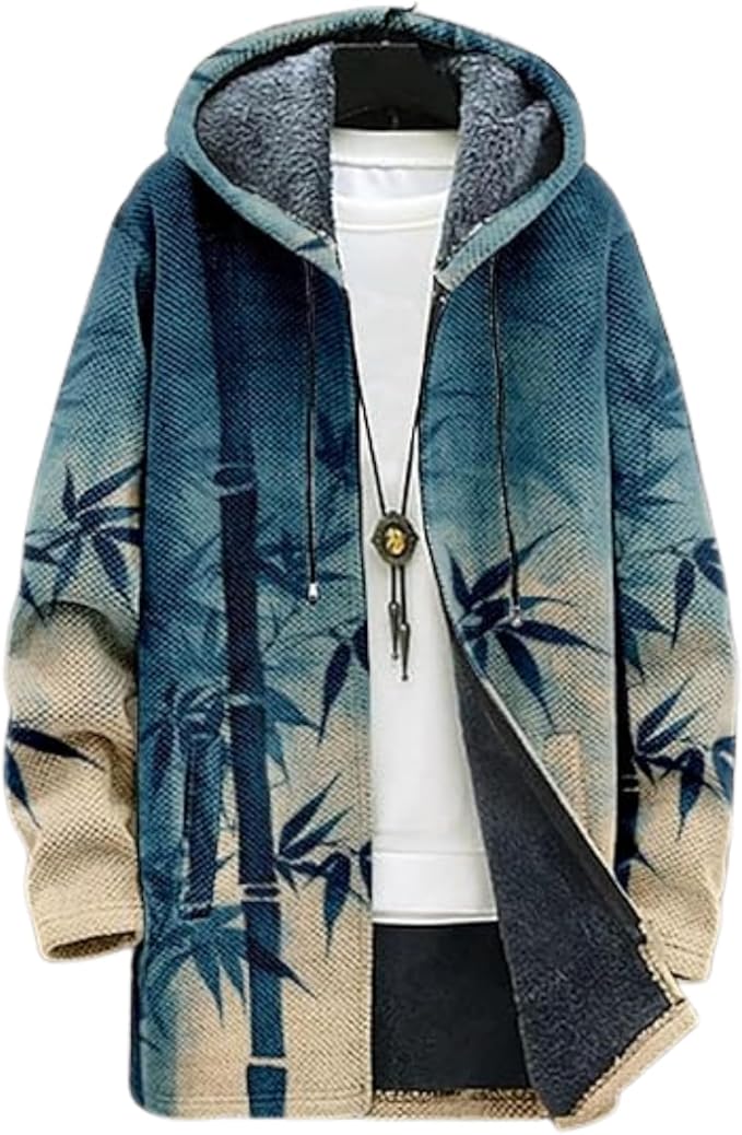 Men's Hooded Sweater Coat Knit Fleece Lined Long Cardigan Jacket with Zip Front Pocket Vintage Casual Zip Up