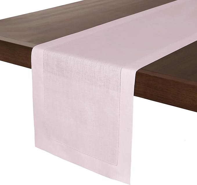 D'Moksha Homes Linen Pastel Pink Table Runner 72 Inches Long - 100% Pure Linen Hemstitch Table Runner 14 x 72 Inch for Dresser, Dining, Valentines, Spring, Easter - Classic Hemstitch