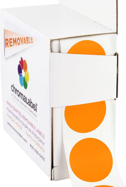 ChromaLabel 1 Inch Round Label Removable Color Code Dot Stickers, 1000 Labels per Dispenser Box, Orange