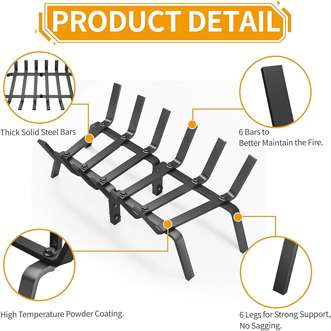 Heavy Duty 21Inch Fireplace Grate, Solid Steel Log Rack for Wood Burning, Extra Wide Firewood Grates for Indoor Fireplace & Outdoor Fire Pit, Wood Stove Grate
