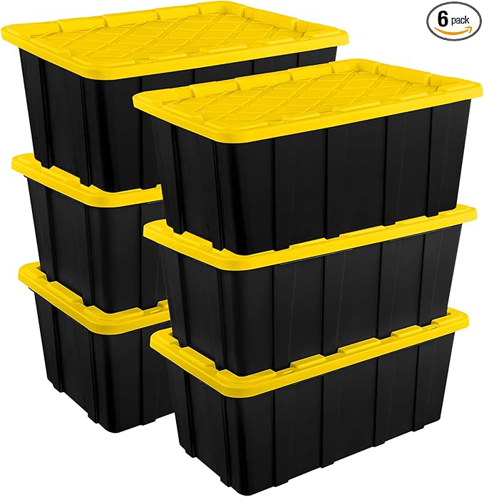 Sterilite 6-Pack Industrial Tote, Plastic Storage Container Bins with Lids, 27 Gallon - Heavy-Duty Organizing Containers for Closet, Bathroom, and Office