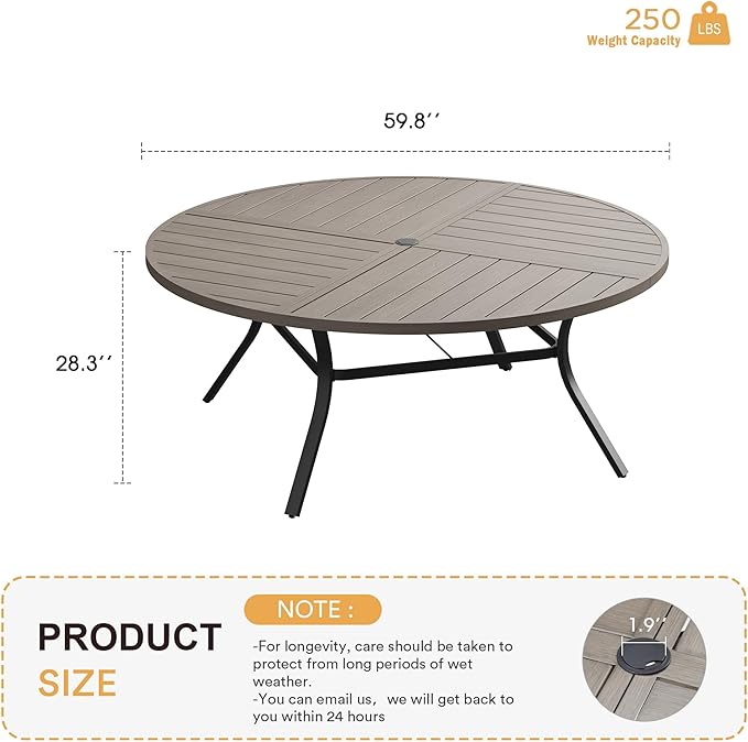 VICLLAX Round Patio Table with Adjustable Umbrella Hole for 8, All Weather Metal Outdoor Dining Table for Lawn Garden, 59.8" Outdoor Coffee Table, Grey Wood-Like Tabletop