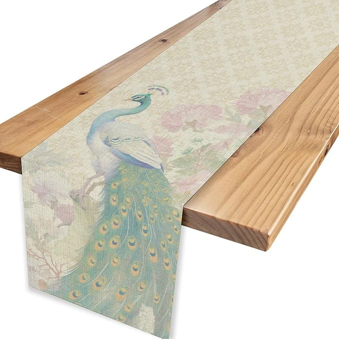 Peacock Table Runner,Rustic Traditional Chinese Style Watercolor Peacock Pink Flora Elegant Table Center Decor for Family Kitchen Table Decorations Indoor Outdoor, 13"x90"