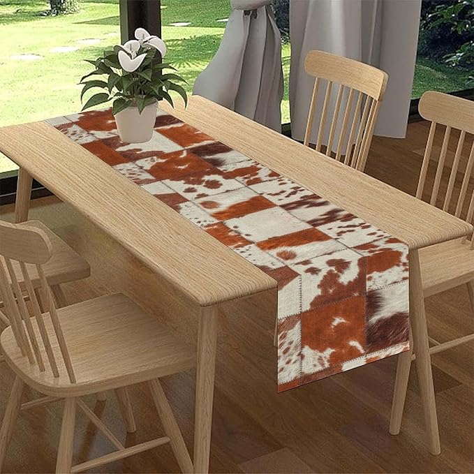 Cow Print Table Runner, Brown Cowhide Print Collage Fur Western Style Table Runner Country Farmhouse Cottage Cow Pattern Linen Table Decoration for Home Kitchen Dining 13x72