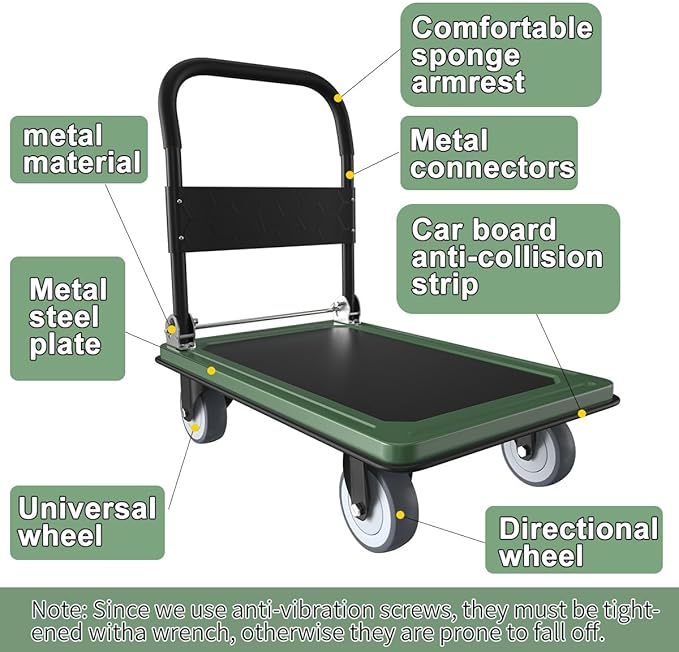 WUD Push Cart, Folding Mobile Platform Trolley,Thickened and Reinforced, 360° Swivel Wheels,35.4 “L x 23.6 ”W, 1100 lb. Green Dolly cart with Wheels