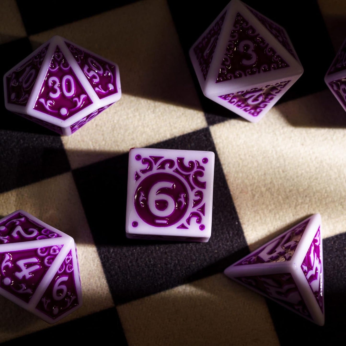 7-Die DND Dice Set New Pattern Polyhedral Dice Set with Leather Bag D&D Die for RPG Table Games(White Purple)