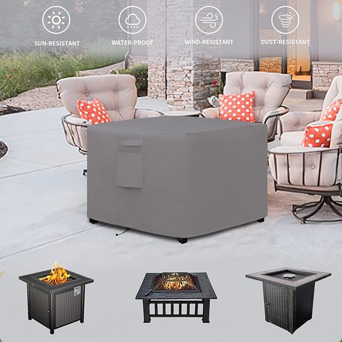 Easy-Going Outdoor Fire Pit Cover Square 32" Lx32 Wx24 H, Durable Outdoor Gas Firepit Cover, Waterproof and Weatherproof Cover for Fire Pit, Grey