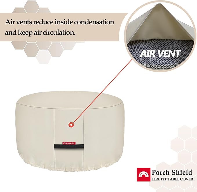 Porch Shield Fire Pit Cover - Waterproof 600D Heavy Duty Fade Resistant Round Patio Fire Bowl Cover Beige - 36 inch