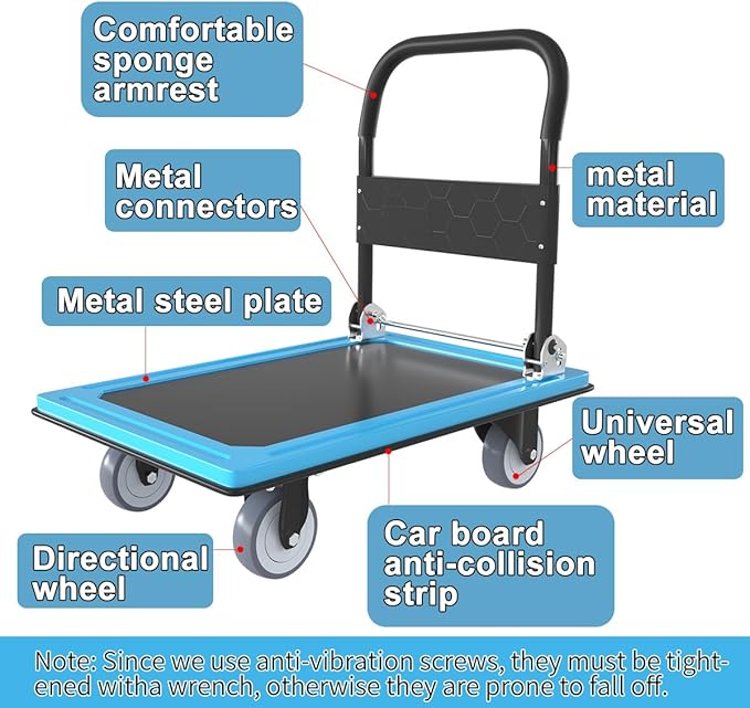 WUD Push Cart, Folding Mobile Platform Trolley,Thickened and Reinforced, 360° Swivel Wheels,30.3 “L x 19.7 ”W, 900 lb.Blue Dolly cart with Wheels