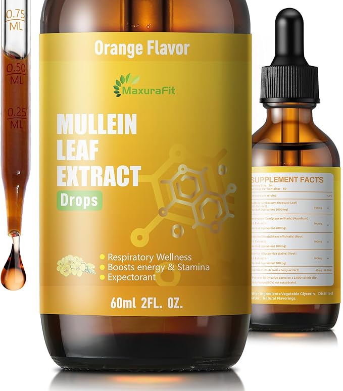 Mullein Drops for Lungs Liquid - Support Respiratory Herbal Supplement,Mullein Leaf Extract for Lungs Cleanse with Cordyceps, Marshmallow Root & Licorice Root Extract 2 fl oz