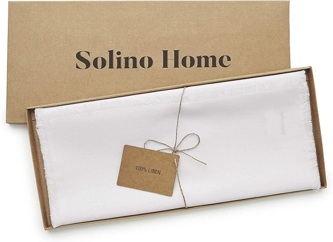 Solino Home Linen White Table Runner 108 Inches Long - Fringe, 100% Pure Linen Dining Table Runner 14 x 108 Inch for Winter, Valentines, Spring, Easter