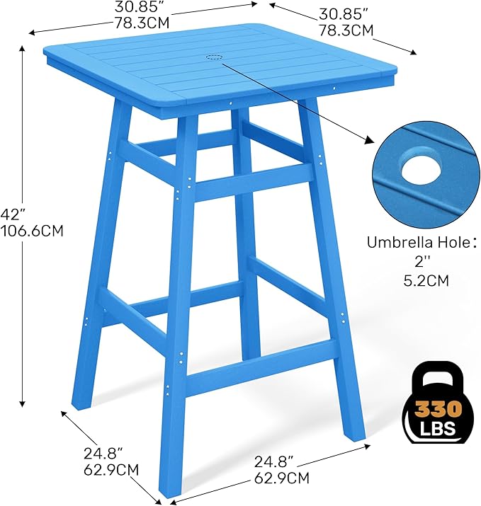 Costaelm Outdoor Bar Table, 42" Counter Height Square Patio Cocktail Bar Table with Umbrella Hole, Patio Bistro Dining Pub Table for Front Porch Deck Backyard Garden, Pacific Blue