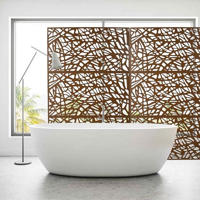 Outdoor Decorative Metal Privacy Screen Panel, 48" L x 16" W x 76" H, Steel Partition for Garden, Patio, and Backyard, Freestanding with Stable Base, Modern Geometric Design, Brown