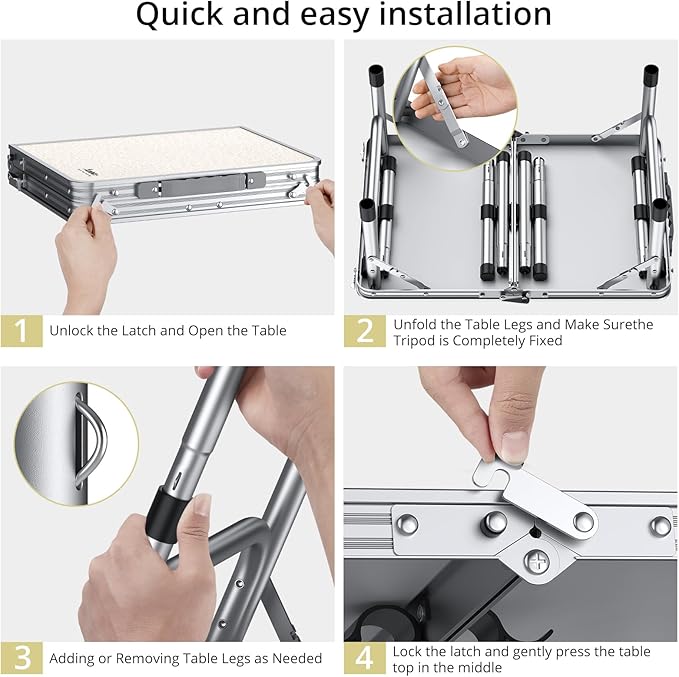 Anbte Folding Camping Table, Aluminum 24" x 16" Adjustable Height Small Folding Table with Carrying Handle, Lightweight, Portable Camping Table Waterproof for Outdoor Indoor Picnic Beach BBQ, Silver
