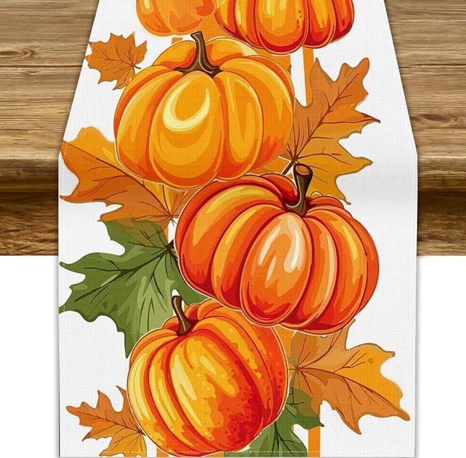 Fall Pumpkin Table Runner, Autumn Orange Maple Leaves Print Table Runner for Thanksgiving Harvest Holiday Indoor Outdoor Table Decoration, 13x120inch