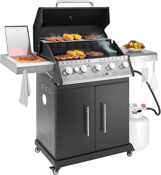 Propane Gas Grill, 5+1 Stainless Steel Barbecue Grill with Infrared Side Burner for Outdoor Cooking