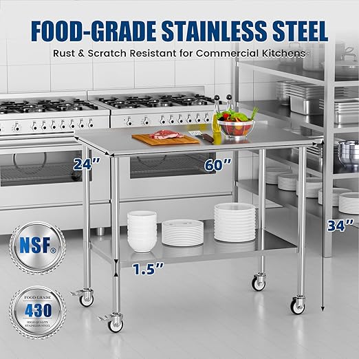 Stainless Steel Work Table with Wheels, 24x60 Inch NSF Food Prep Table with Backsplash & Adjustable Undershelf for Commercial Kitchen, Restaurant, Garage