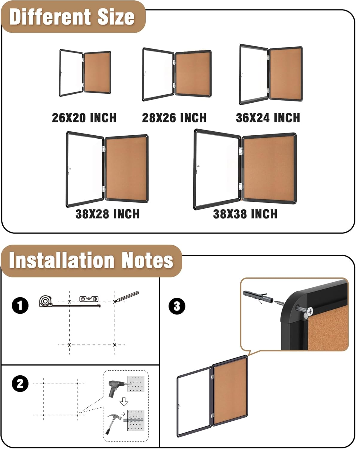 38"x38" Enclosed Bulletin Board, Lockable Weather-Resistant Aluminum Cork Noticeboard for School & Office Hospital, Black Frame w/Cork