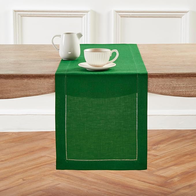 Solino Home Linen Garden Green Table Runner 132 Inches Long - 100% Pure Linen Extra Long Table Runner 14 x 132 Inch for Winter, St Patricks Day, Easter - Classic Hemstitch